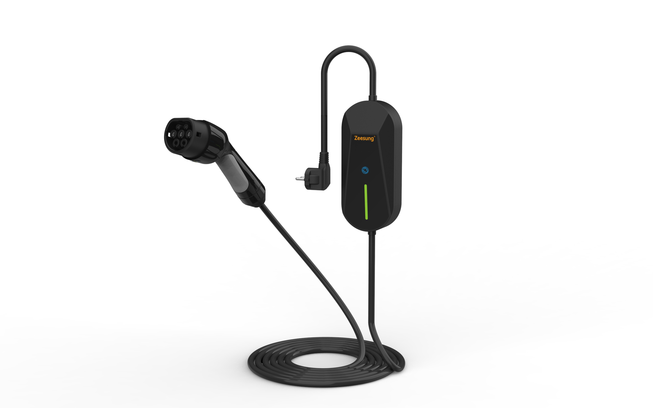 EU portable EV charger kit with Type 2 vehicle connector and coiled cable