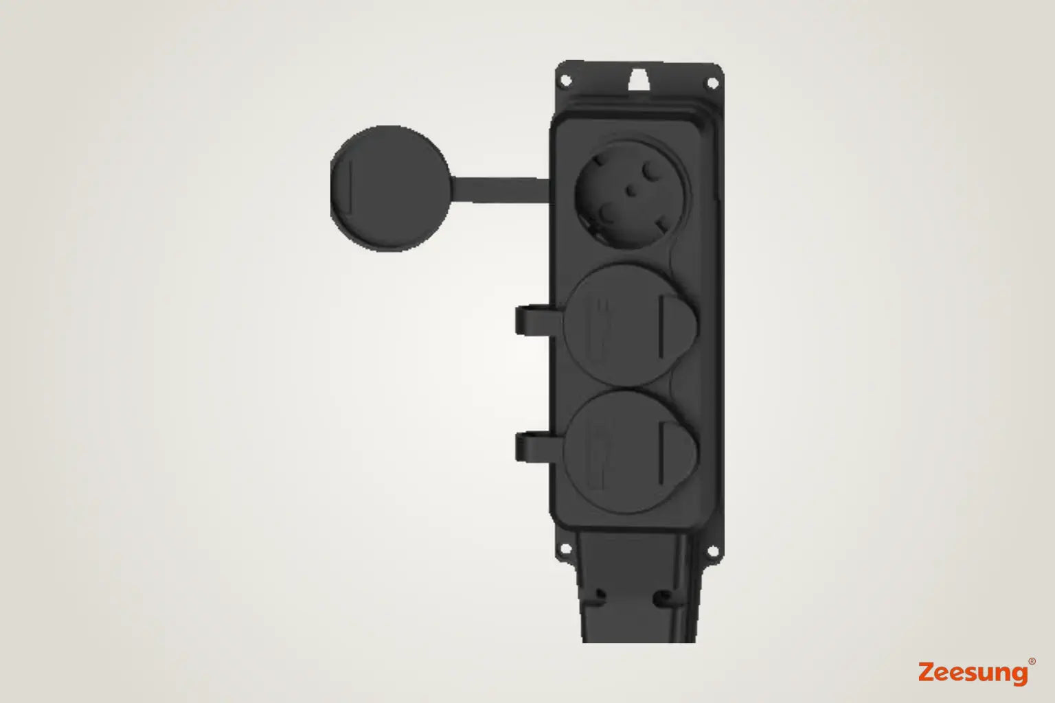 Three covered Type F outlets on the V2L discharge module