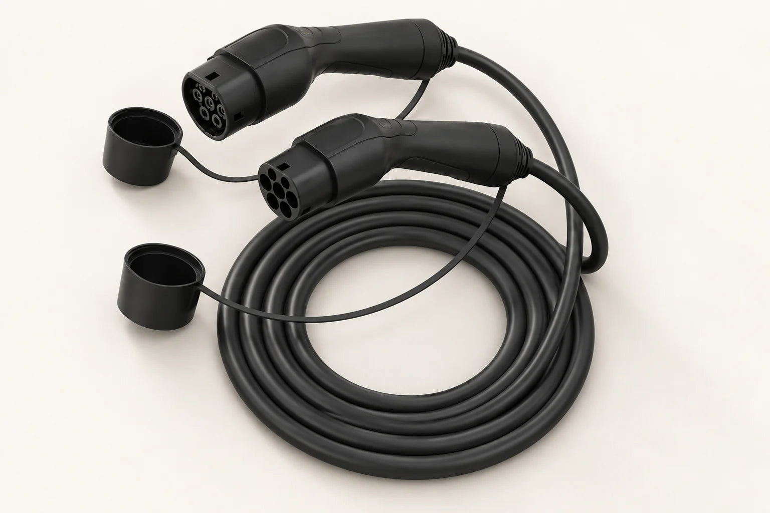 Illustratie van een Type 2-kabel met twee verschillende stekkers en beschermkappen