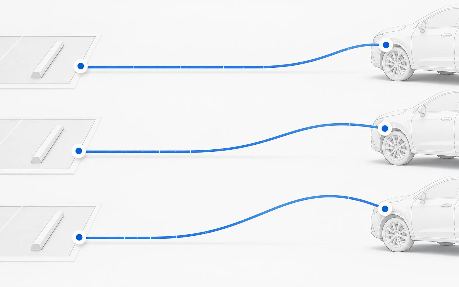 Technisches Diagramm zum Vergleich von 5 m, 7,5 m und 10 m Kabelreichweite als illustrative Parkroutenbeispiele; die Position des Ladeanschlusses variiert je nach Fahrzeug und das Diagramm ist nicht maßstabsgetreu.