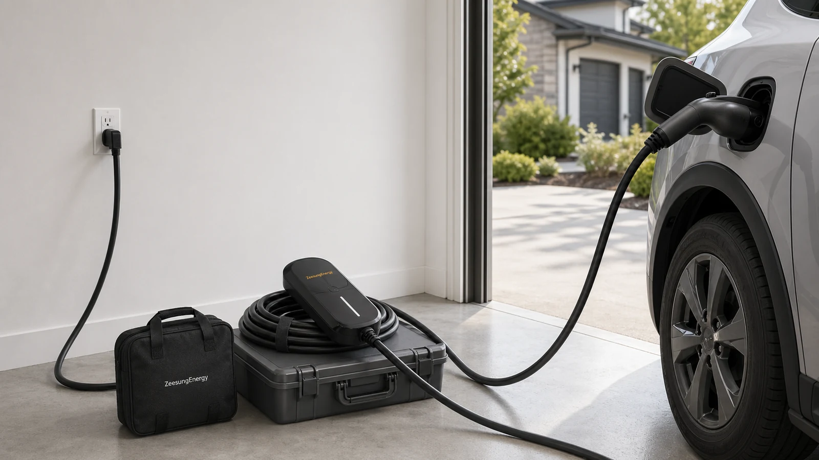 Portable home EV charging routine with removable ZeesungEnergy EVSE, cable and storage case