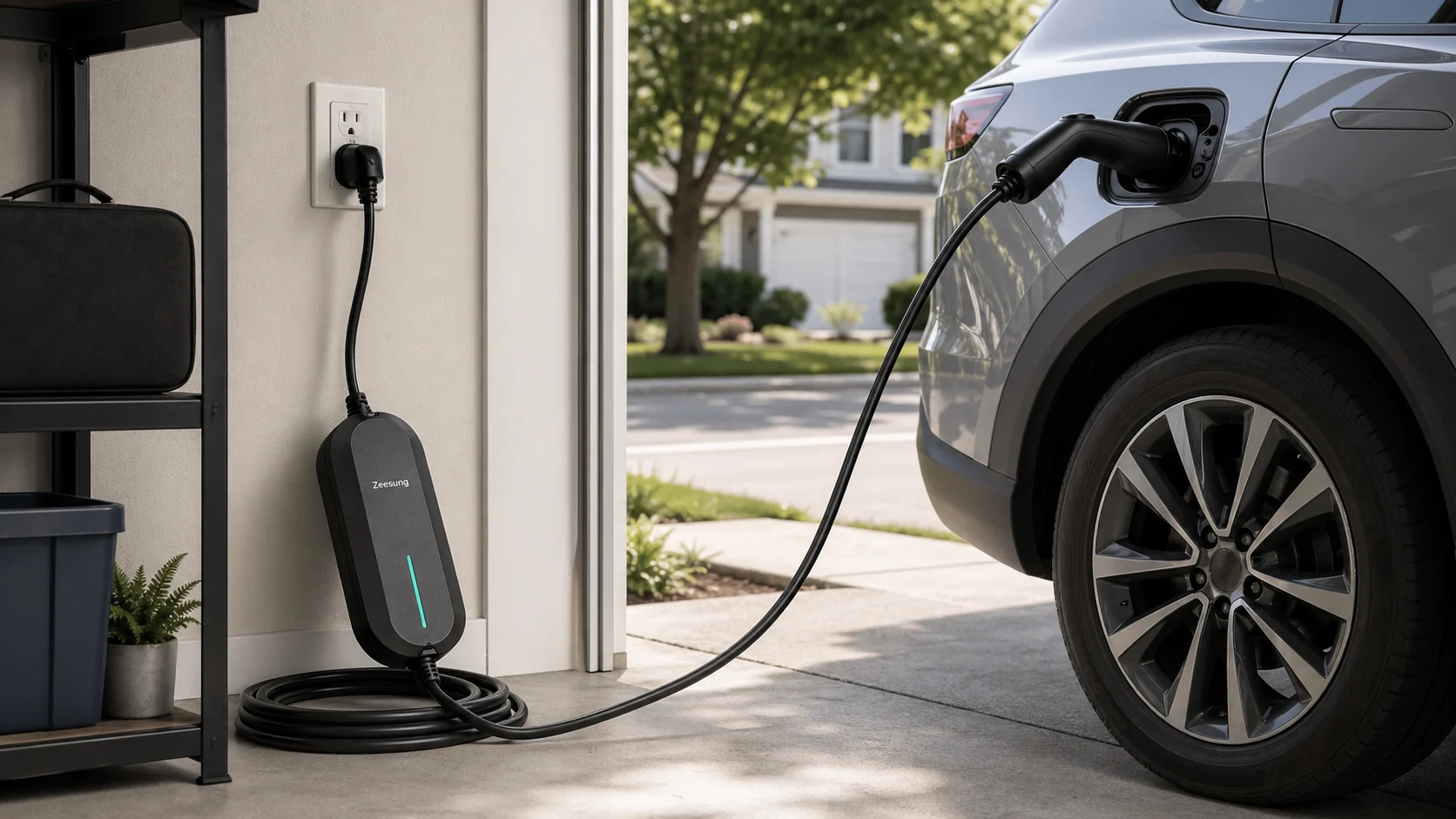 ZeesungEnergy portable EV charger installed beside a residential driveway