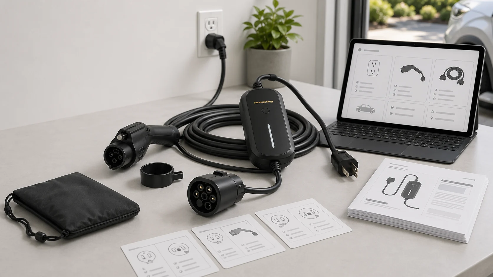 EV charging support document workbench with manuals and product sample