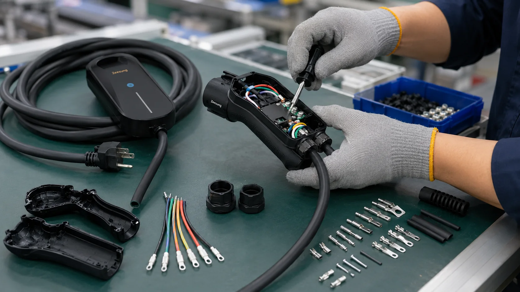 Assembly and QC workbench context for charging components